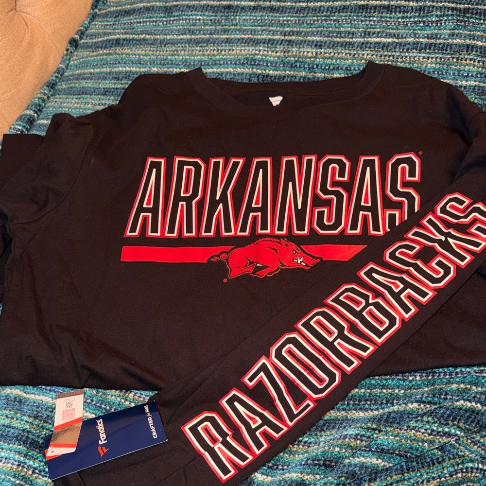 UofArk Fanatics Black Tee with Red and White Team Lettering Adult L